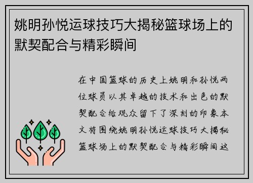 姚明孙悦运球技巧大揭秘篮球场上的默契配合与精彩瞬间